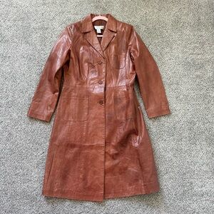Vintage Genuine Leather Brown Long Trench Coat Pockets Button Close Women US 12